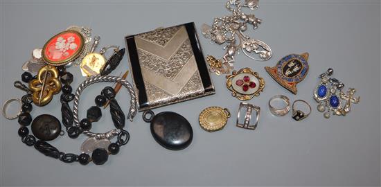 Mixed jewellery including silver cufflinks, charm bracelet, 19th century pinchbeck brooch etc. and a silver cigarette case.